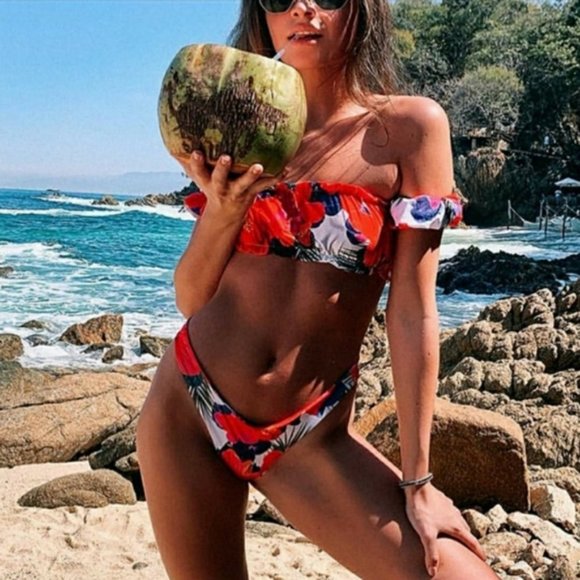 Red Flower Bandeau Off Shoulder Bikini Set Swimsuit - Picture 2 of 7